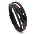 Detail of multi-layer brown leather bracelet with black infinity charm and magnetic clasp - Brown Leather With Black Buckle
