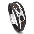 Detail of multi-layer leather bracelet with infinity symbol and silver magnetic buckle - Brown Leather With Silver Buckle