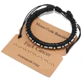 Dettaglio del bracciale codice Morse su carta con perline argento e cordino nero - Tema Fuck Cancer