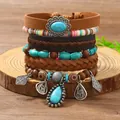 Böhmisches Mehrschichtiges Lederarmband Set mit Türkisperlen und Retro Anhängern - Tropfen und Rhombus Hohl Kombination (13)