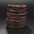 Set di bracciali retrò multistrato da uomo in pelle marrone e perline di legno - Stile a Strati Perline di Legno Marrone Scuro (5--)