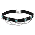 Gothic punk black velvet choker with turquoise stones and tiered silver chain tassels - Black
