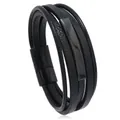 Bracciale multistrato in pelle nera fatto a mano con fibbia magnetica nera lucida - Pelle Nera Fibbia Nera