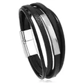Bracciale multistrato in pelle nera da uomo con barra in metallo argento e chiusura magnetica - Pelle Nera Chiusura Argentata