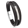Bracciale multistrato da uomo in pelle marrone scuro con barra d'argento e chiusura - Pelle Caffè Chiaro Chiusura Argento