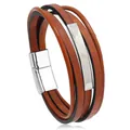 Bracciale multistrato in pelle marrone da uomo con piastra in metallo argento lucido - Pelle Caffè Scuro Chiusura Argento