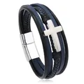 Bracciale multistrato in pelle da uomo con croce d'argento e chiusura magnetica - Blu Notte Con Croce Argentata