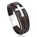 Bracciale multistrato da uomo in pelle testa di moro con croce d'argento e chiusura - Caffè Con Croce Argentata