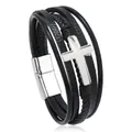 Bracciale multistrato da uomo in pelle nera con croce argentata e chiusura magnetica - Nero Con Croce Argentata