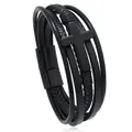 Bracciale multistrato in pelle nera da uomo con croce opaca e chiusura magnetica - Nero Con Croce Nera
