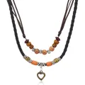 Bohemian double-layer necklace with wooden beads, feather heart pendant, and leather cord - Bronze Heart Pendant