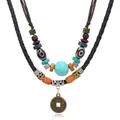Multilayer ethnic necklace with turquoise beads, evil eye stone, and ancient bronze coin - Evil Eye Coin Pendant