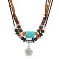 Bohemian multi-layer necklace with colorful wood beads and turquoise stone pendant - Turquoise Flower Pendant