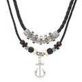 Vintage anchor pendant necklace with woven black leather cord and ethnic metal beads - Black Cord Anchor Pendant