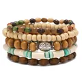 Böhmisches mehrlagiges Holzperlen-Armbandset mit Türkis-Akzenten und Gänseblümchen-Anhänger - Gänseblümchen 5-teiliges Set