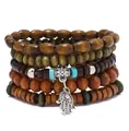 Fünfteiliges mehrlagiges Holzperlen Armband-Set mit silbernem Hamsa-Hand-Anhänger - Hand der Fatima Silbermetall Stil (12)