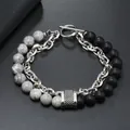 Bracciale vintage da uomo a doppio strato con perle occhio di tigre e catena d'argento - Catena di Giuntura Pietra Map Grigia (Stile 3) / 21cm