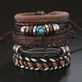 Vintage boho leren armbandset 6-delig met veerhanger en turquoise kralen - Veer Turkoois Meerlaagse Combinatie