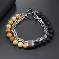 Retro Herren-Armband mit Tigerauge-Steinen, Silberkette und Knebelverschluss - Schwarzer Achat Bildstein Kette (Stil 2) / 21cm