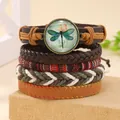 Retro dragonfly 5-piece leather bracelet set with multi-layer braided wax cord and beads - Dragonfly Pattern Multi Layer Style