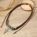 Collana multistrato bohémien con ciondolo a testa di toro d'argento e perline in legno - Ciondolo Testa di Toro Western
