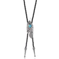 Vintage bolo tie met verendrager, turquoise steen en zwart gevlochten lederen koord - Veren Stijl / Antiek Zilver