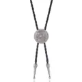 Close-up of vintage bolo tie with embossed flower pattern and silver finish sliding buckle - Antique Silver
