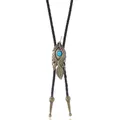 Detail van vintage bronzen veer bolo tie hanger met turquoise steen en geweven lederen koord - Veren Stijl / Antiek Brons
