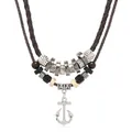 Men's double-layer leather necklace with silver anchor pendant and wooden beads - Brown Cord Anchor Pendant
