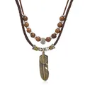 Bohemian double layer necklace featuring brown wood beads and bronze feather pendant - Wood Grain Feather Pendant