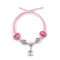 Pink elastic bracelet with cherry charm, striped beads and silver rose accents for kids - Pink Cherry Style (2)
