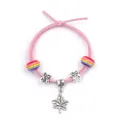 Pink elastic bracelet with rainbow beads, owl sliders and a silver maple leaf charm - Pink Owl Maple Leaf Style (3)