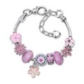 Pink floral charm bracelet with silver snake chain and gradient glass beads on white backdrop - 16cm / Pink