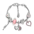Pulsera de cuentas con colgantes de corazón rosa y llave, cierre de langosta plateado - 16cm / Rosa (AL-76)