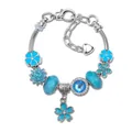 Silver snake chain bracelet with blue enamel flowers and sparkling crystal beads - 16cm / Blue