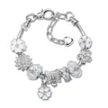 Silver bead bracelet with blue enamel flower and butterfly charms for women - 16cm / White