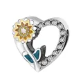 Silver heart charm featuring a yellow sunflower, blue butterfly, and sparkling zircons - Sunflower Butterfly Heart (R1-153)