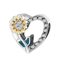 Silver hollow heart charm with sunflower, yellow petals, and blue enamel leaves - Hollow Sunflower Heart (R1-154)