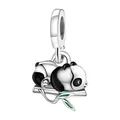 Panda charm bead in 925 silver with black and green enamel bamboo detail for jewelry - Bamboo Panda Style (R2-34)