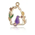 Macro shot of gold enamel cat and flower pendant with a polished reflective finish - Vintage Purple Cat Back View Pendant