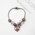 Bracelet à charms en argent avec cristaux roses et pendentif cœur MOM rouge sur chaîne - MAMAN Rose