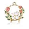 Golden cat wreath pendant with pink tulips and white cats enamel charm for DIY jewelry - Rhinestone Round Double White Cats Pendant