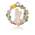 Golden cat wreath pendant with white enamel kitten and colorful rhinestones charms - White Cat Catching Butterfly Round Pendant