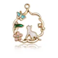 Cat and flower wreath charm pendant in gold metal with colorful enamel and rhinestones - Rhinestone Round White Cat Vintage Pendant