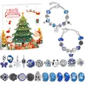 Detailliertes Weihnachts DIY Armband Set mit blauen Perlen und Schneemann Anhängern in Box - Stern Mond Stil (Mit Weihnachtsbaum)