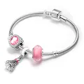 Detalle de pulsera de cadena de serpiente plateada con cuentas de cristal rosa y pluma - Estilo Bádminton Cristal Rosa Plata (CL-14)