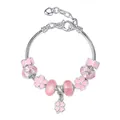 Detalle de dijes de cristal rosa y colgante de trébol en pulsera de cadena de plata - Estilo Trébol de Cuatro Hojas Flor de Cerezo Rosa Plata (CL-17)