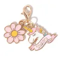 Gouden sleutelhanger met roze emaille madeliefje en eenhoorn hanger met Unicorn lintje - Roze Eenhoorn Roze Bloem