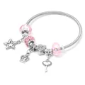 Bracciale rigido argento con ciondoli a stella, cuore, corona e perline di cristallo rosa - Pendente Stella Corona Chiave (CL-29) / Stile Corona Rosa