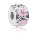 Silver alloy stopper charm with pink flower pattern and sparkling crystal center - Pink Cherry Blossom Rhinestone Stopper Bead
